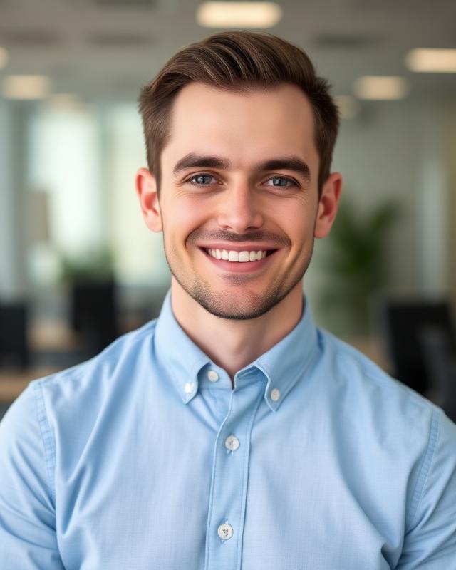 LinkedIn-style headshot of the same man in a light blue shirt
