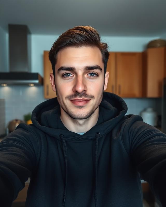 Casual hoodie selfie of a man taken in a kitchen
