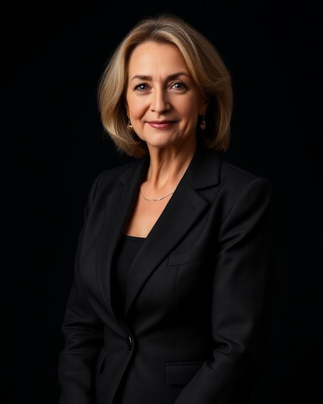 Executive portrait of the same woman in a charcoal suit