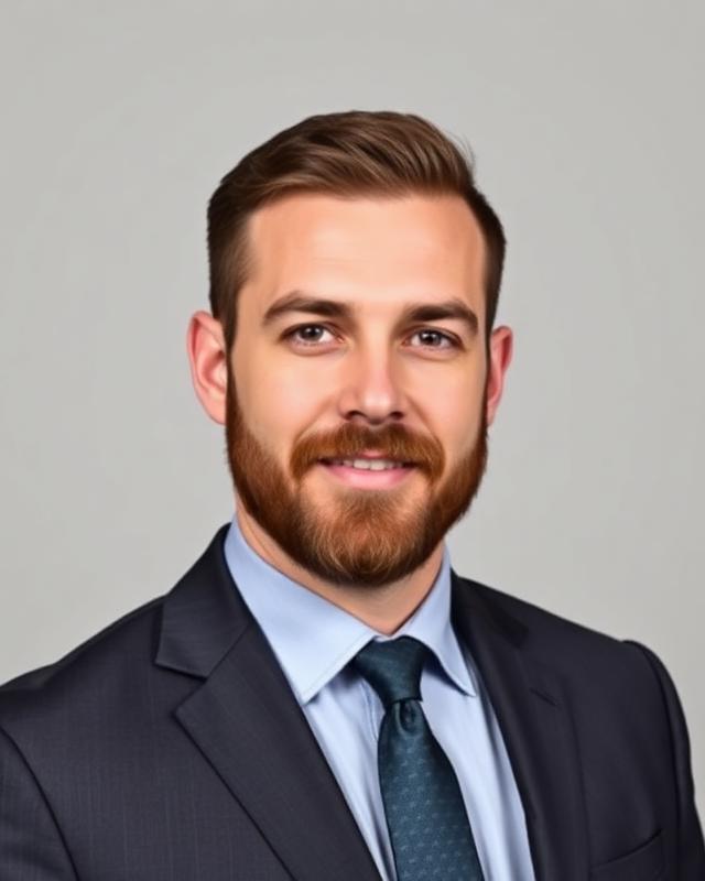 Corporate headshot of the same man in a dark suit and tie