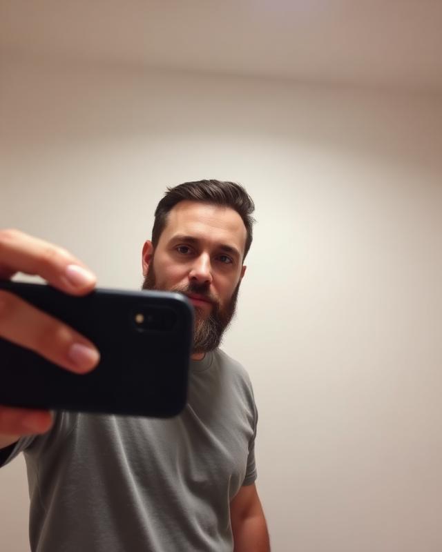 Phone selfie of a bearded man against a plain wall
