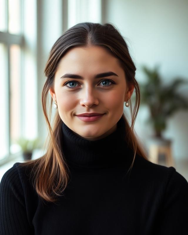 Founder portrait of the same woman in a black turtleneck