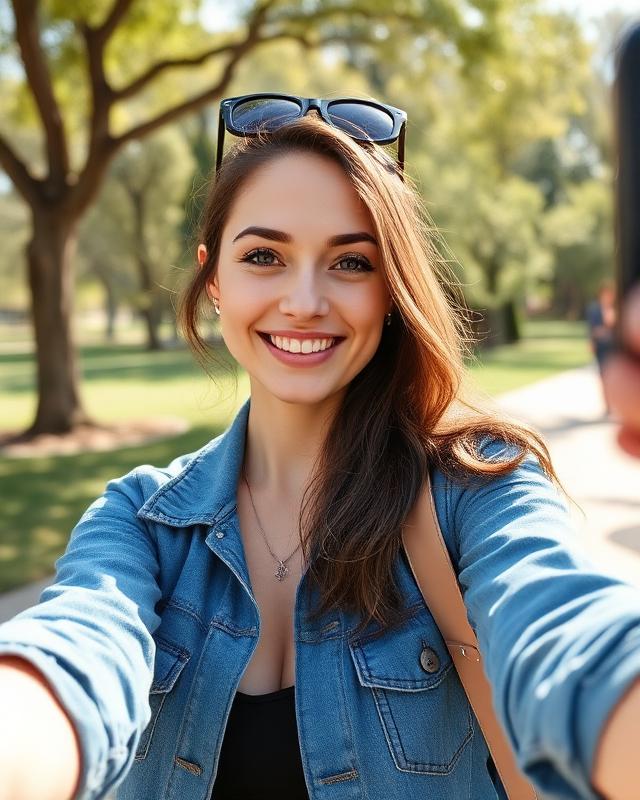 Outdoor park selfie of a woman in a denim jacket